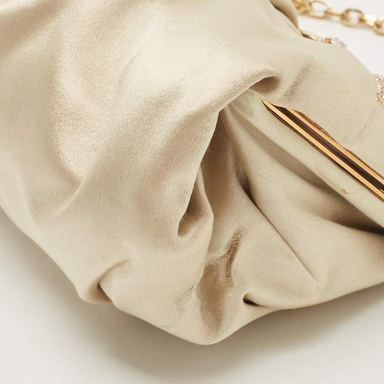 Pre Owned Valentino Beige Satin Floral Crystal Embellished Chain Clutch