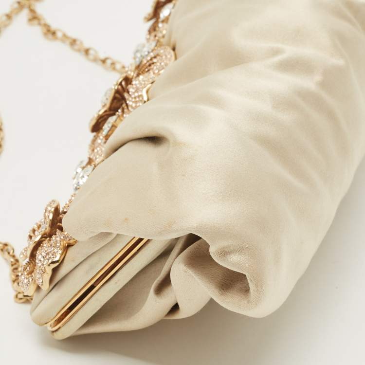 Pre Owned Valentino Beige Satin Floral Crystal Embellished Chain Clutch
