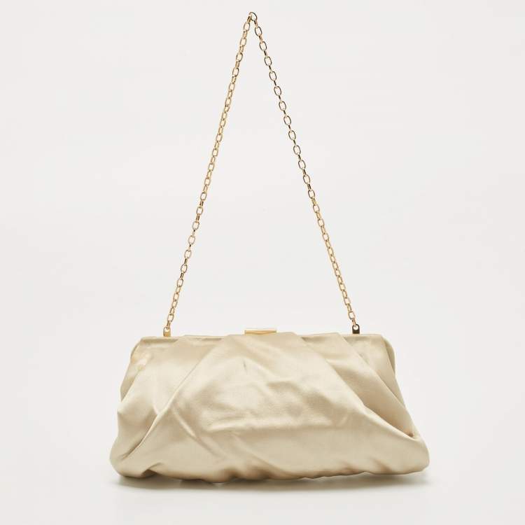 Pre Owned Valentino Beige Satin Floral Crystal Embellished Chain Clutch