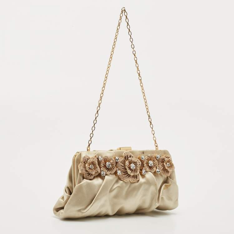 Pre Owned Valentino Beige Satin Floral Crystal Embellished Chain Clutch