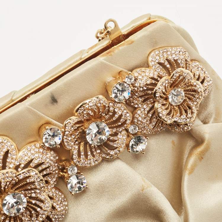 Pre Owned Valentino Beige Satin Floral Crystal Embellished Chain Clutch