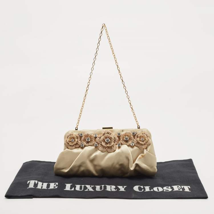 Pre Owned Valentino Beige Satin Floral Crystal Embellished Chain Clutch