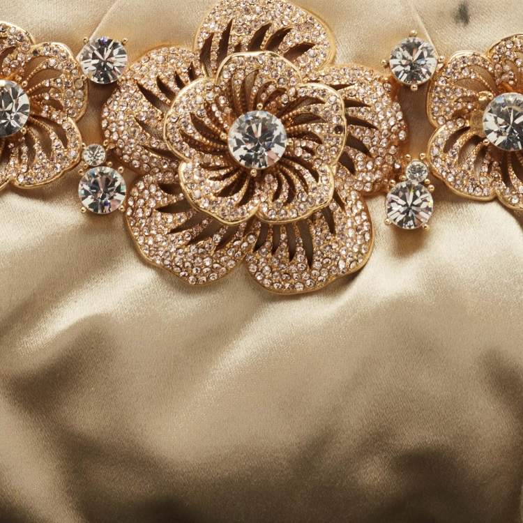 Pre Owned Valentino Beige Satin Floral Crystal Embellished Chain Clutch