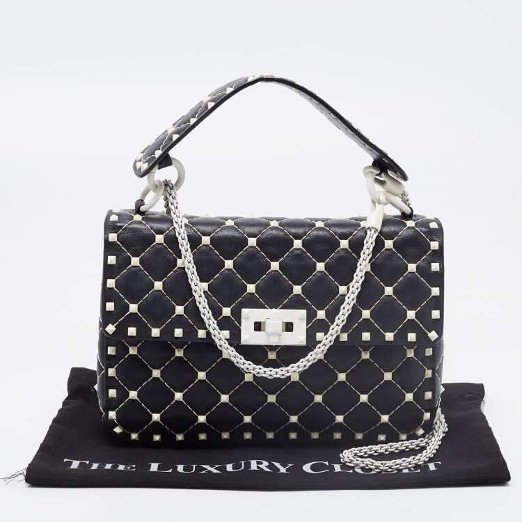 Pre Owned Valentino Black Quilted Leather Medium Rockstud Spike Top Handle Bag