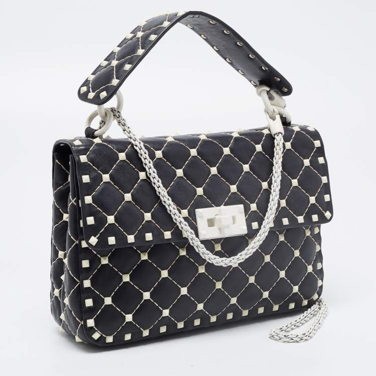 Pre Owned Valentino Black Quilted Leather Medium Rockstud Spike Top Handle Bag