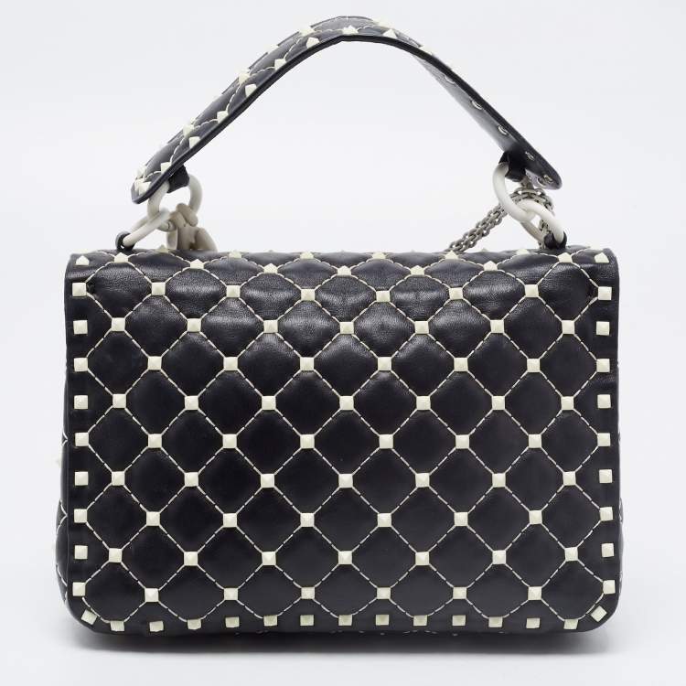 Pre Owned Valentino Black Quilted Leather Medium Rockstud Spike Top Handle Bag