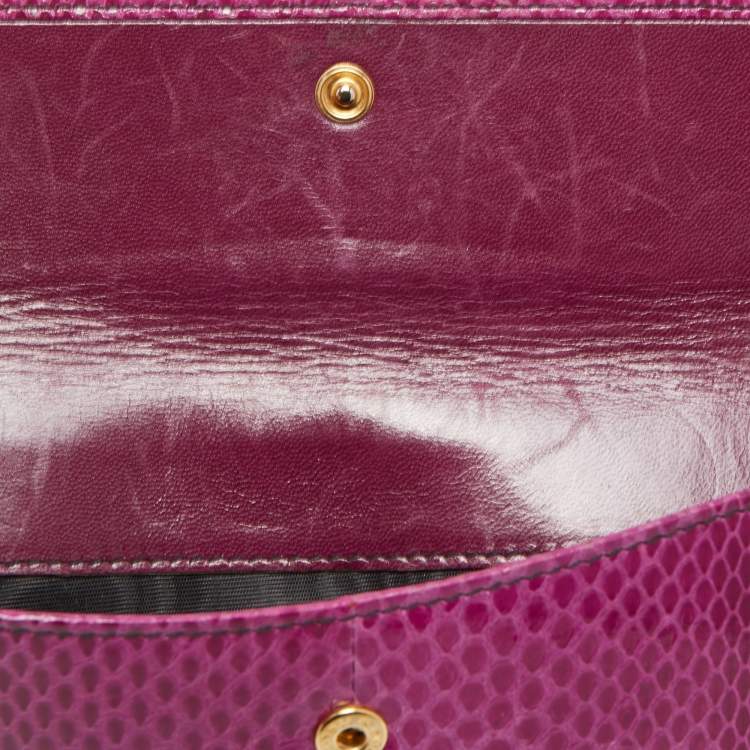 Pre Owned Valentino Fuchsia Snake Leather Crystal Catch Flap Wallet