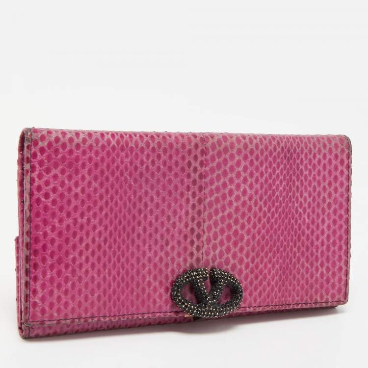 Pre Owned Valentino Fuchsia Snake Leather Crystal Catch Flap Wallet