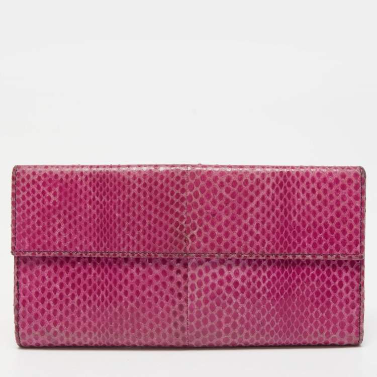 Pre Owned Valentino Fuchsia Snake Leather Crystal Catch Flap Wallet