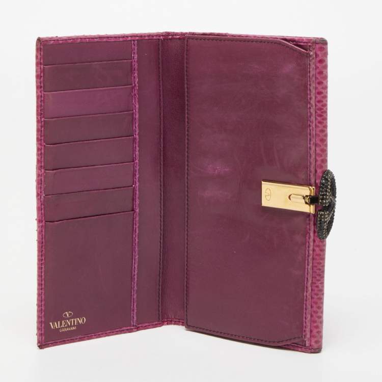 Pre Owned Valentino Fuchsia Snake Leather Crystal Catch Flap Wallet
