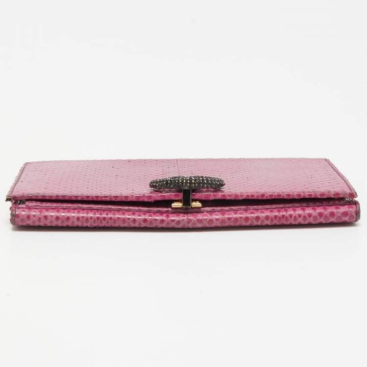 Pre Owned Valentino Fuchsia Snake Leather Crystal Catch Flap Wallet