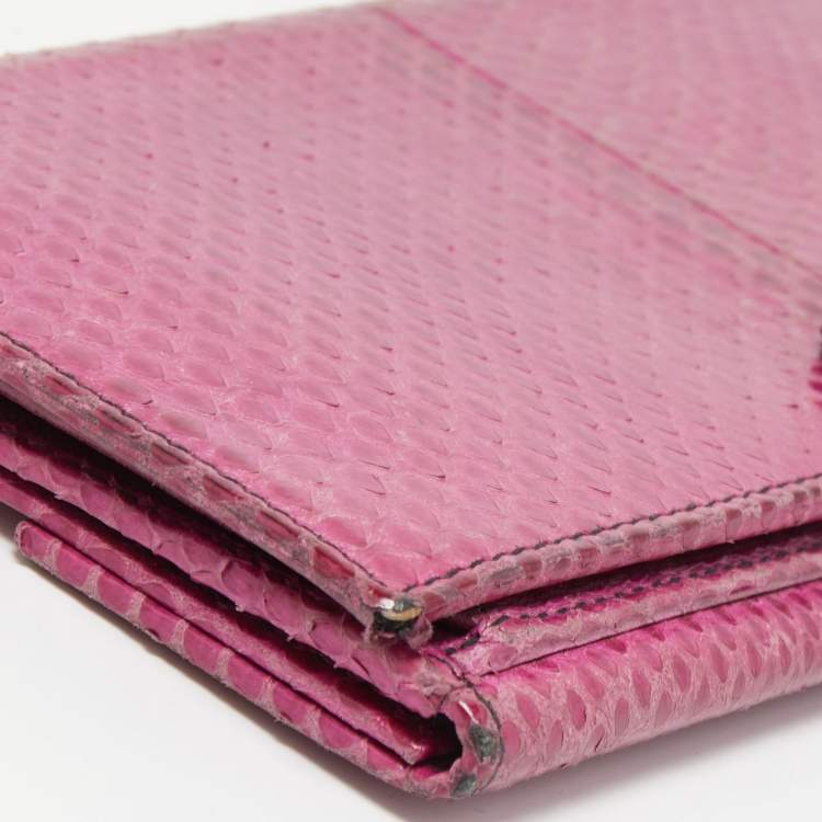 Pre Owned Valentino Fuchsia Snake Leather Crystal Catch Flap Wallet