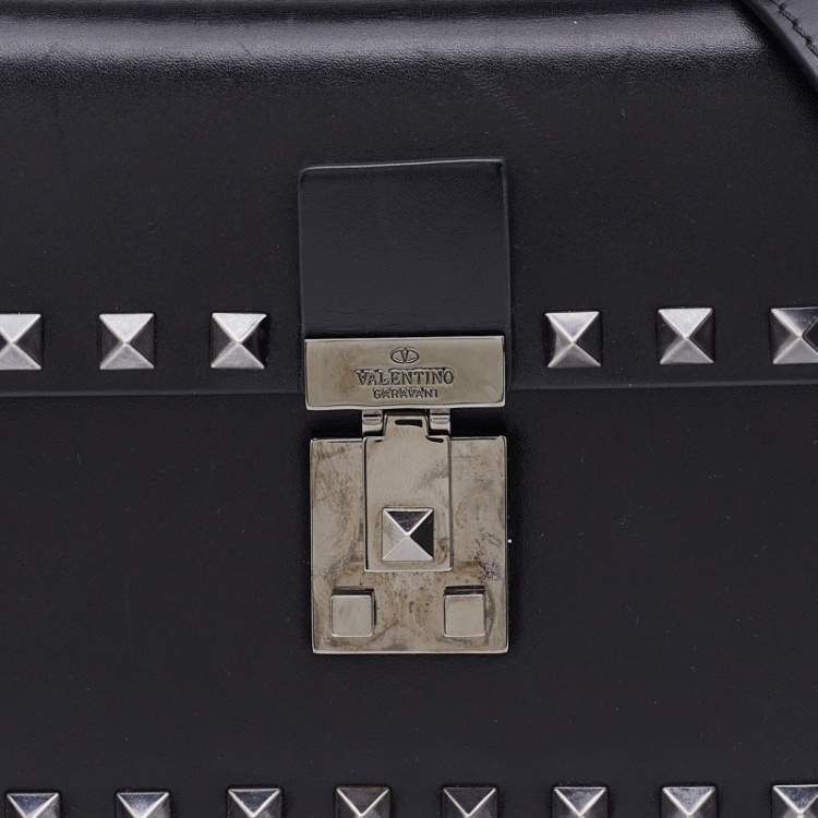 Pre Owned Valentino Black Leather Flap Rockstud Top Handle Bag
