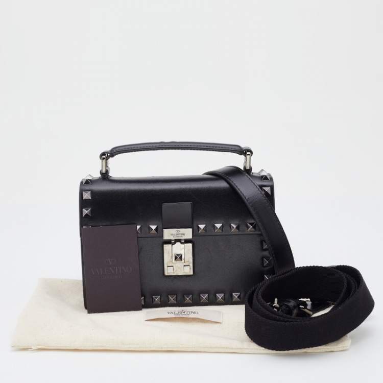 Pre Owned Valentino Black Leather Flap Rockstud Top Handle Bag