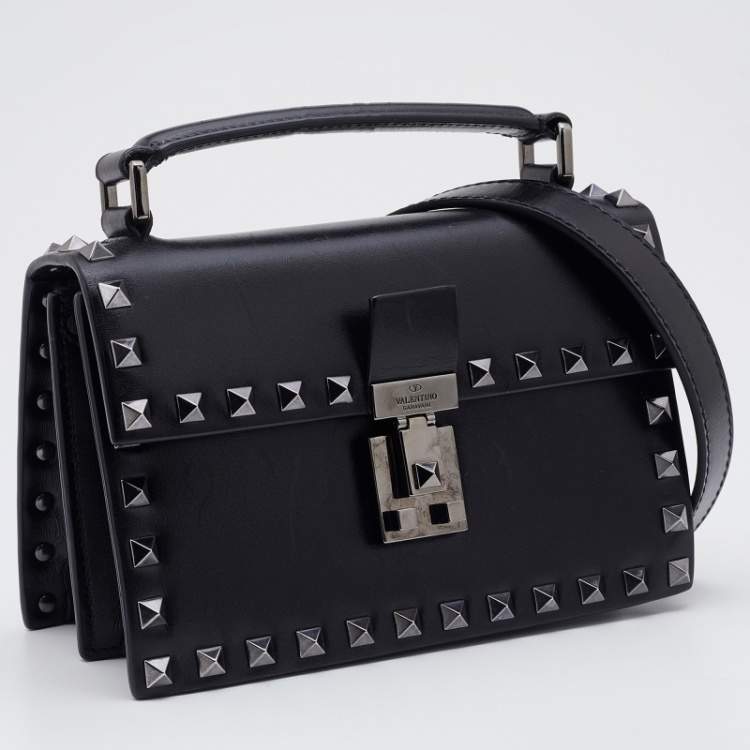 Pre Owned Valentino Black Leather Flap Rockstud Top Handle Bag
