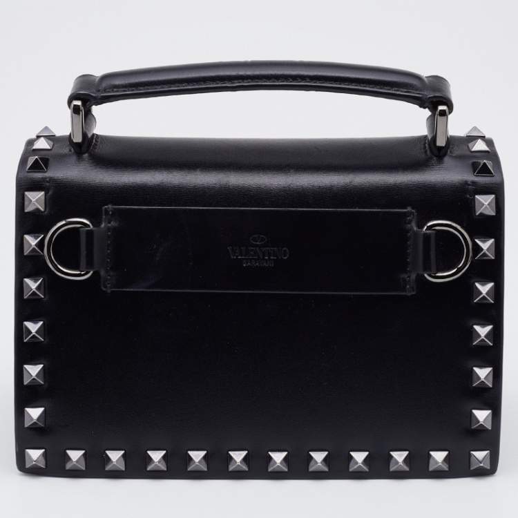 Pre Owned Valentino Black Leather Flap Rockstud Top Handle Bag