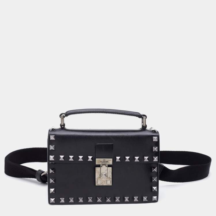 Pre Owned Valentino Black Leather Flap Rockstud Top Handle Bag