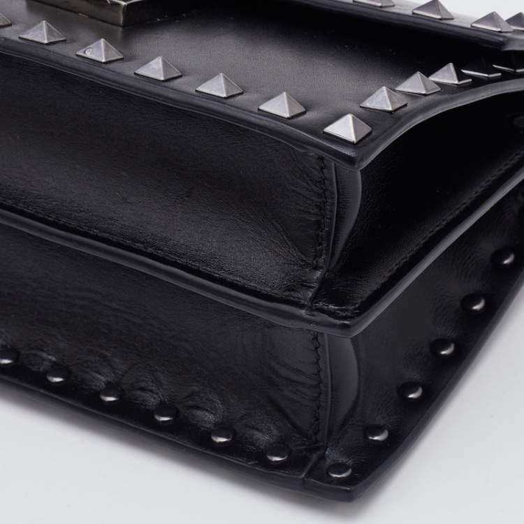 Pre Owned Valentino Black Leather Flap Rockstud Top Handle Bag