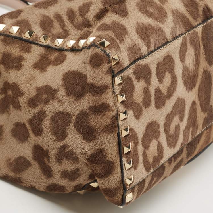Pre Owned Valentino Beige Leopard Print Calfhair and Leather Small Rockstud Trapeze Tote