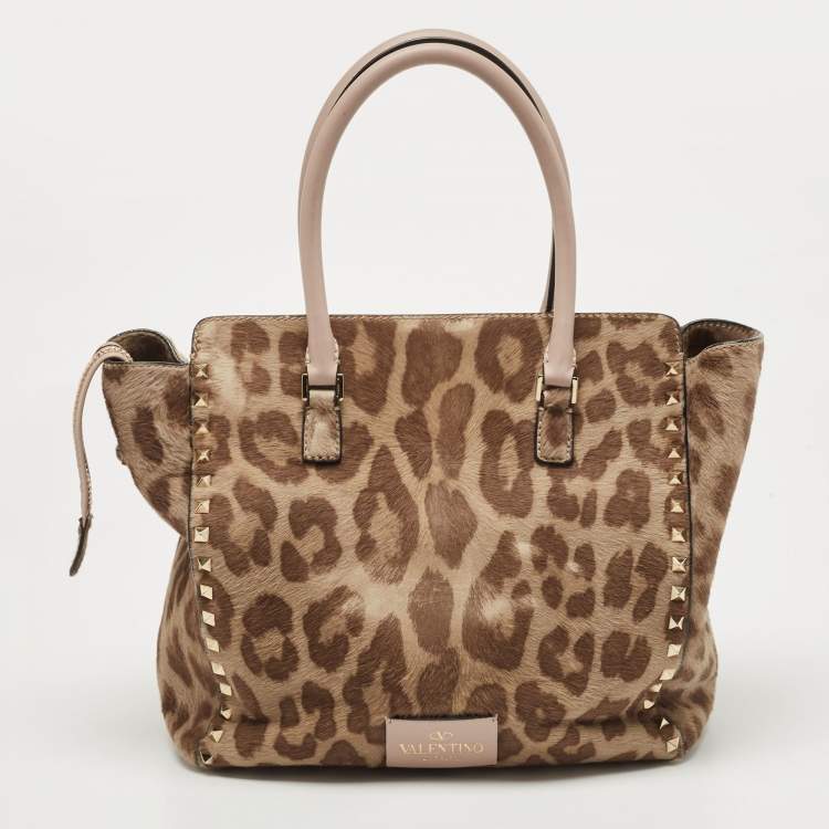 Pre Owned Valentino Beige Leopard Print Calfhair and Leather Small Rockstud Trapeze Tote