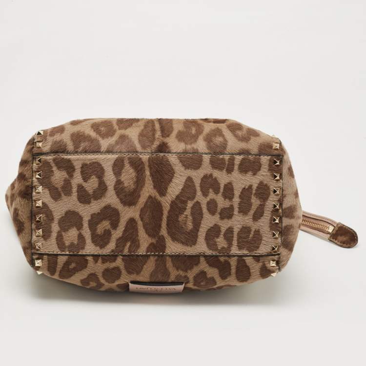 Pre Owned Valentino Beige Leopard Print Calfhair and Leather Small Rockstud Trapeze Tote