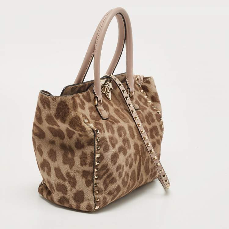 Pre Owned Valentino Beige Leopard Print Calfhair and Leather Small Rockstud Trapeze Tote