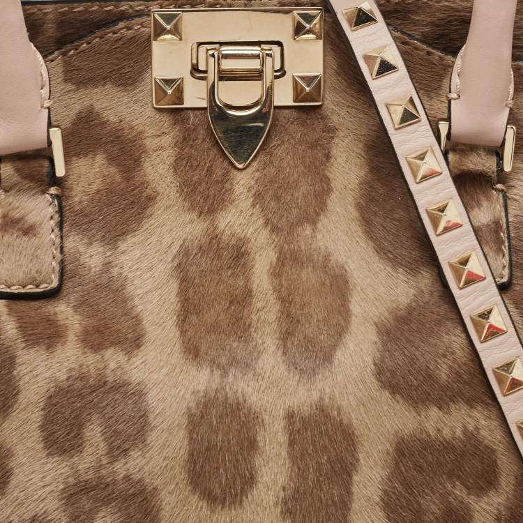 Pre Owned Valentino Beige Leopard Print Calfhair and Leather Small Rockstud Trapeze Tote