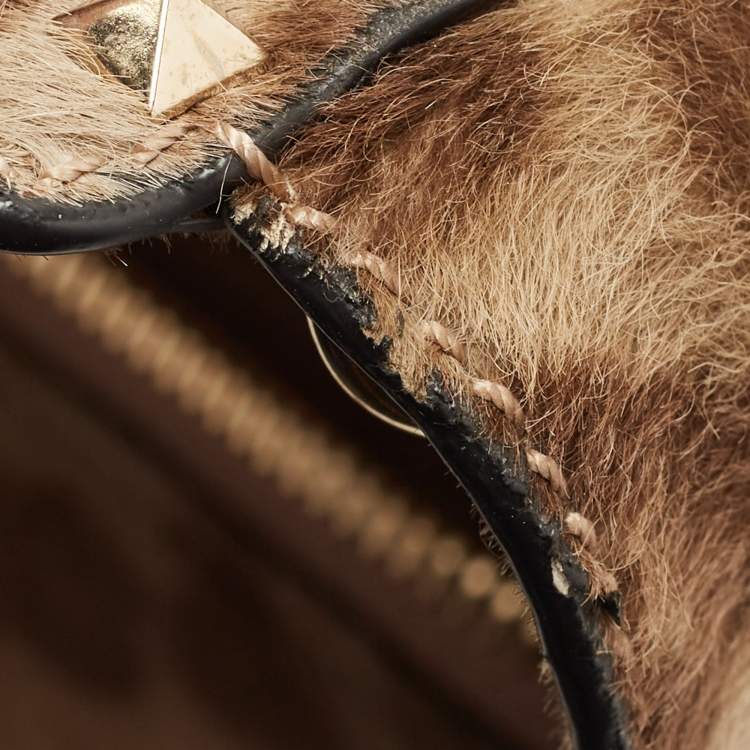 Pre Owned Valentino Beige Leopard Print Calfhair and Leather Small Rockstud Trapeze Tote