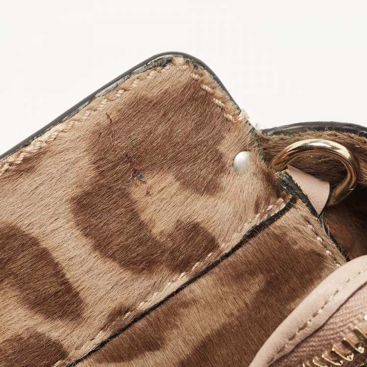 Pre Owned Valentino Beige Leopard Print Calfhair and Leather Small Rockstud Trapeze Tote