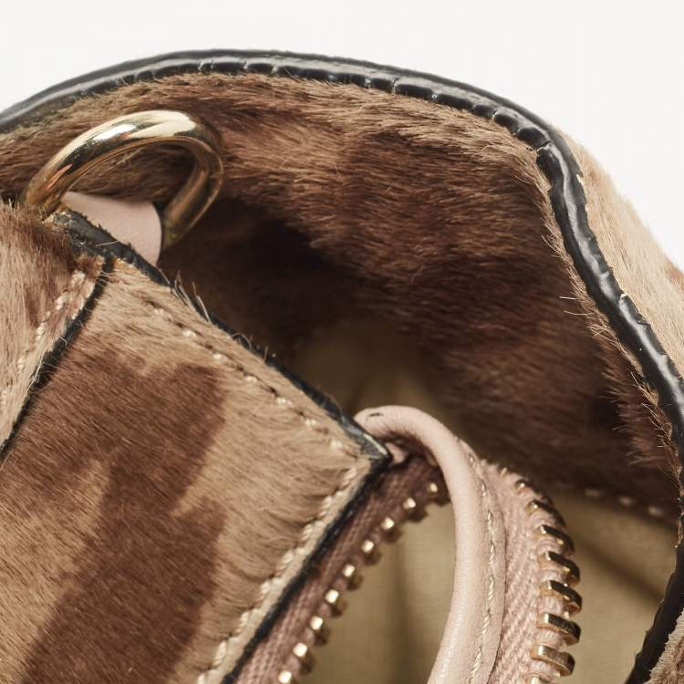 Pre Owned Valentino Beige Leopard Print Calfhair and Leather Small Rockstud Trapeze Tote