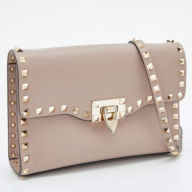 Pre Owned Valentino Pink Leather Rockstud Flap Crossbody Bag