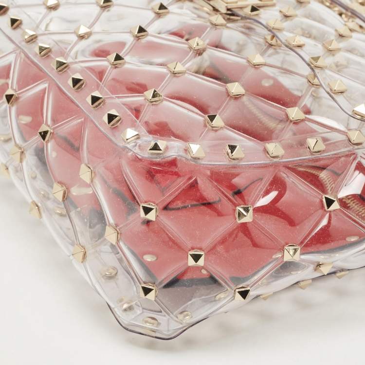 Pre Owned  Valentino Clear/Red PVC Medium Rockstud Spike Top Handle Bag