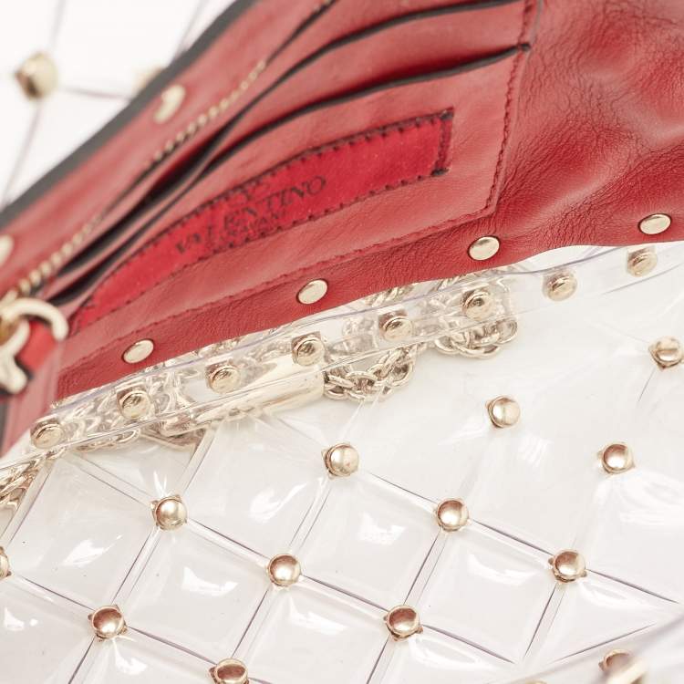 Pre Owned  Valentino Clear/Red PVC Medium Rockstud Spike Top Handle Bag