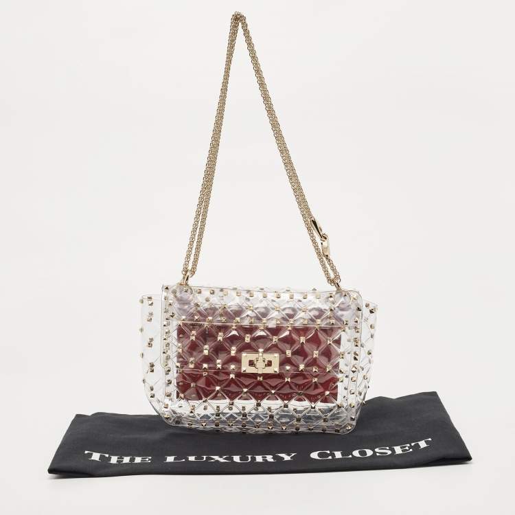 Pre Owned  Valentino Clear/Red PVC Medium Rockstud Spike Top Handle Bag