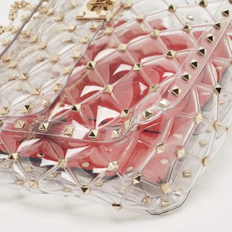 Pre Owned  Valentino Clear/Red PVC Medium Rockstud Spike Top Handle Bag