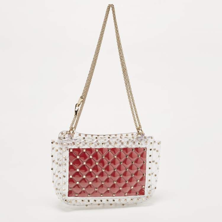 Pre Owned  Valentino Clear/Red PVC Medium Rockstud Spike Top Handle Bag