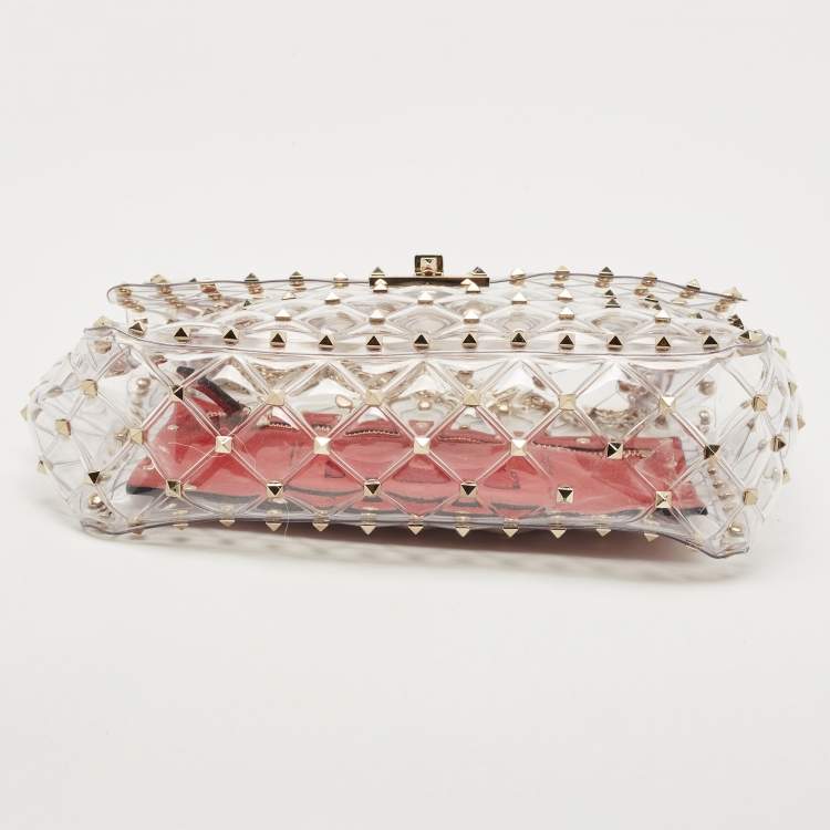 Pre Owned  Valentino Clear/Red PVC Medium Rockstud Spike Top Handle Bag