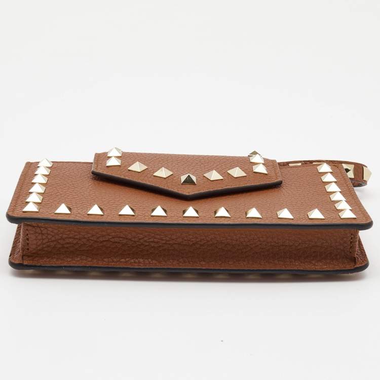 Pre Owned Valentino Brown Leather Rockstud Chain Phone Pouch