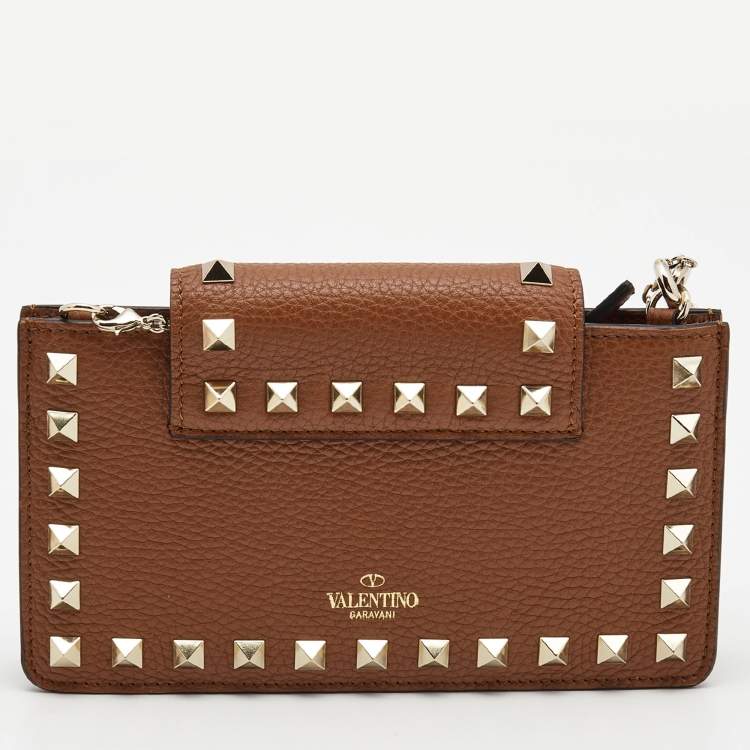 Pre Owned Valentino Brown Leather Rockstud Chain Phone Pouch