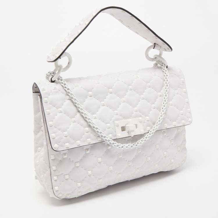 Pre Owned Valentino White Leather Rockstud Spike Top Handle Bag
