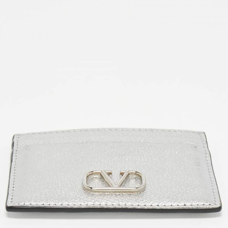 Pre Owned Valentino Silver Leather V-Logo Card Holder