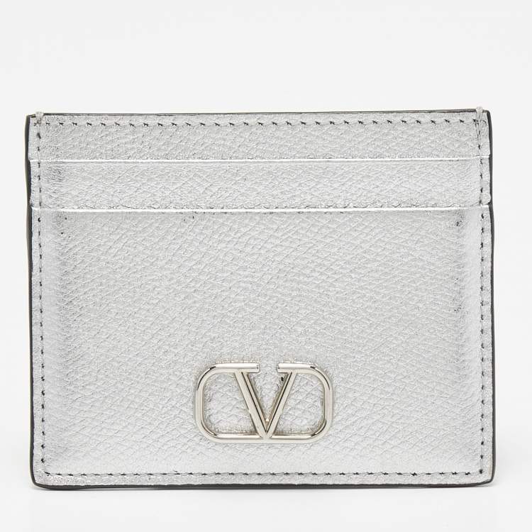 Pre Owned Valentino Silver Leather V-Logo Card Holder