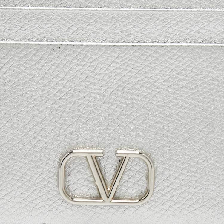 Pre Owned Valentino Silver Leather V-Logo Card Holder