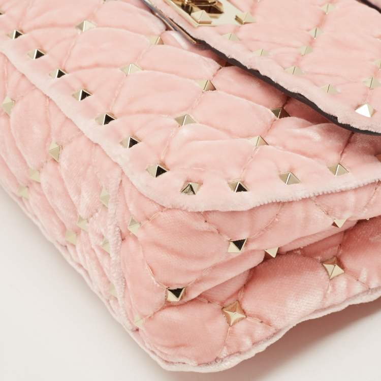 Pre Owned Valentino Pink Quilted Velvet Small Rockstud Spike Top Handle Bag