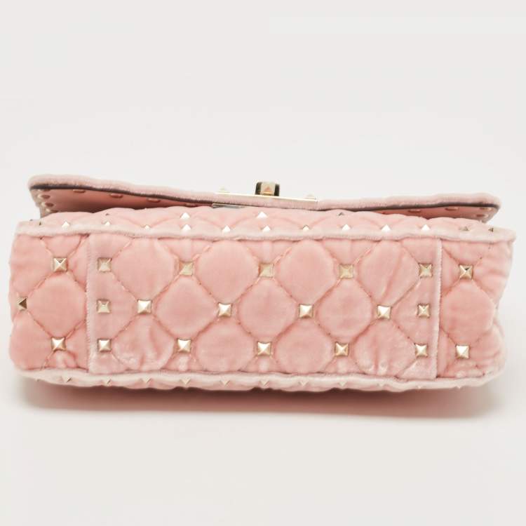 Pre Owned Valentino Pink Quilted Velvet Small Rockstud Spike Top Handle Bag