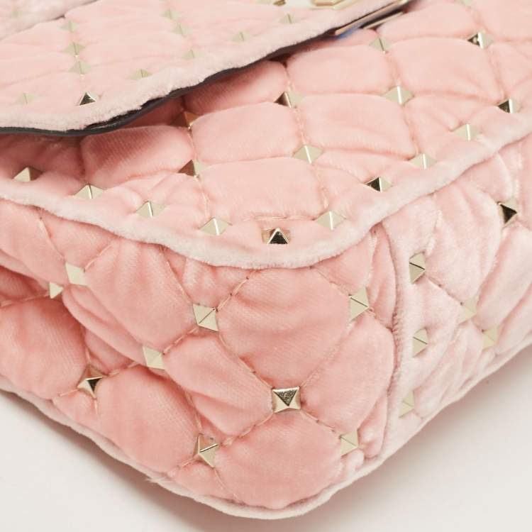 Pre Owned Valentino Pink Quilted Velvet Small Rockstud Spike Top Handle Bag