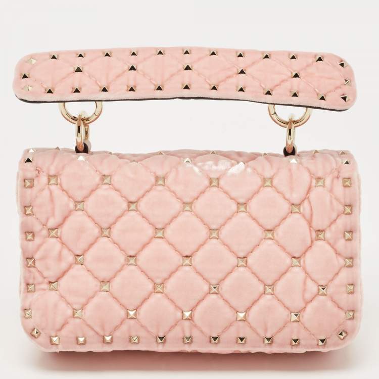 Pre Owned Valentino Pink Quilted Velvet Small Rockstud Spike Top Handle Bag