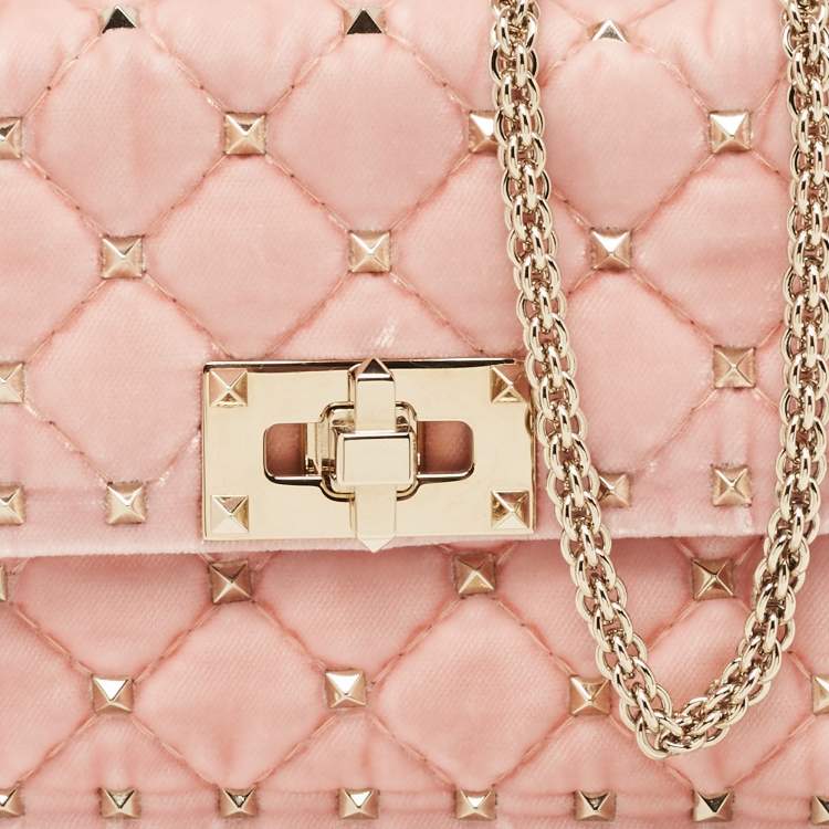 Pre Owned Valentino Pink Quilted Velvet Small Rockstud Spike Top Handle Bag