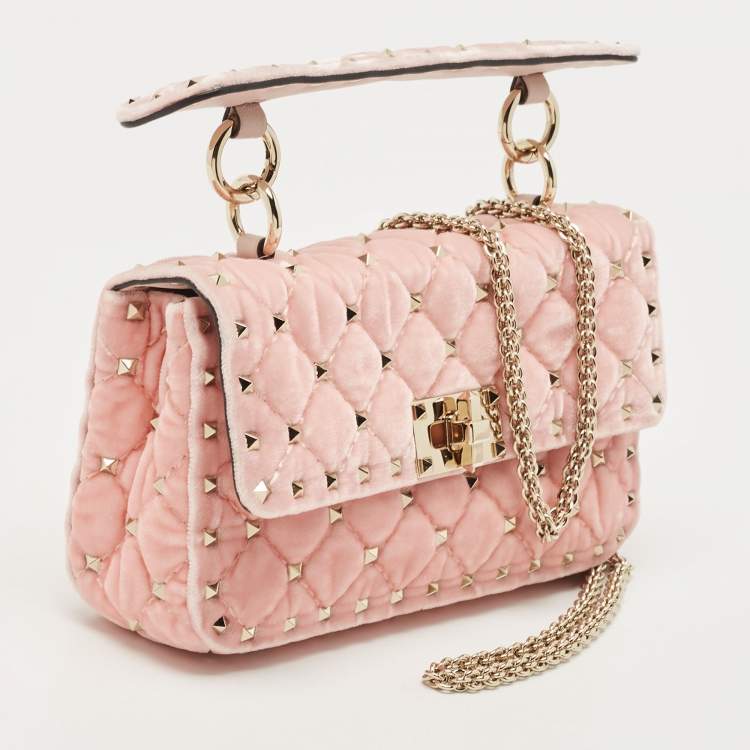 Pre Owned Valentino Pink Quilted Velvet Small Rockstud Spike Top Handle Bag