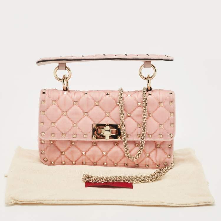 Pre Owned Valentino Pink Quilted Velvet Small Rockstud Spike Top Handle Bag